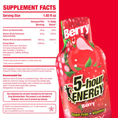 Pouring 5-hour ENERGY Berry Shot reveals fruity flavor and zero sugar
