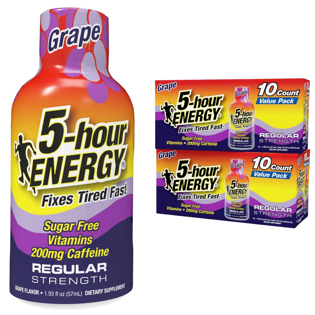 5-hour ENERGY grape shot bottle close-up, compact caffeine boost for busy days