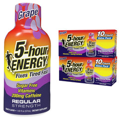 5-hour ENERGY grape shot bottle close-up, compact caffeine boost for busy days