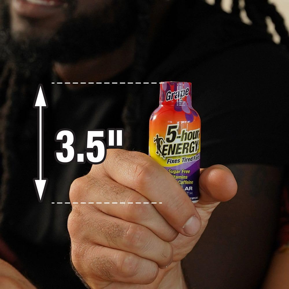 5-hour ENERGY grape flavor label close-up, emphasizing zero sugar benefits