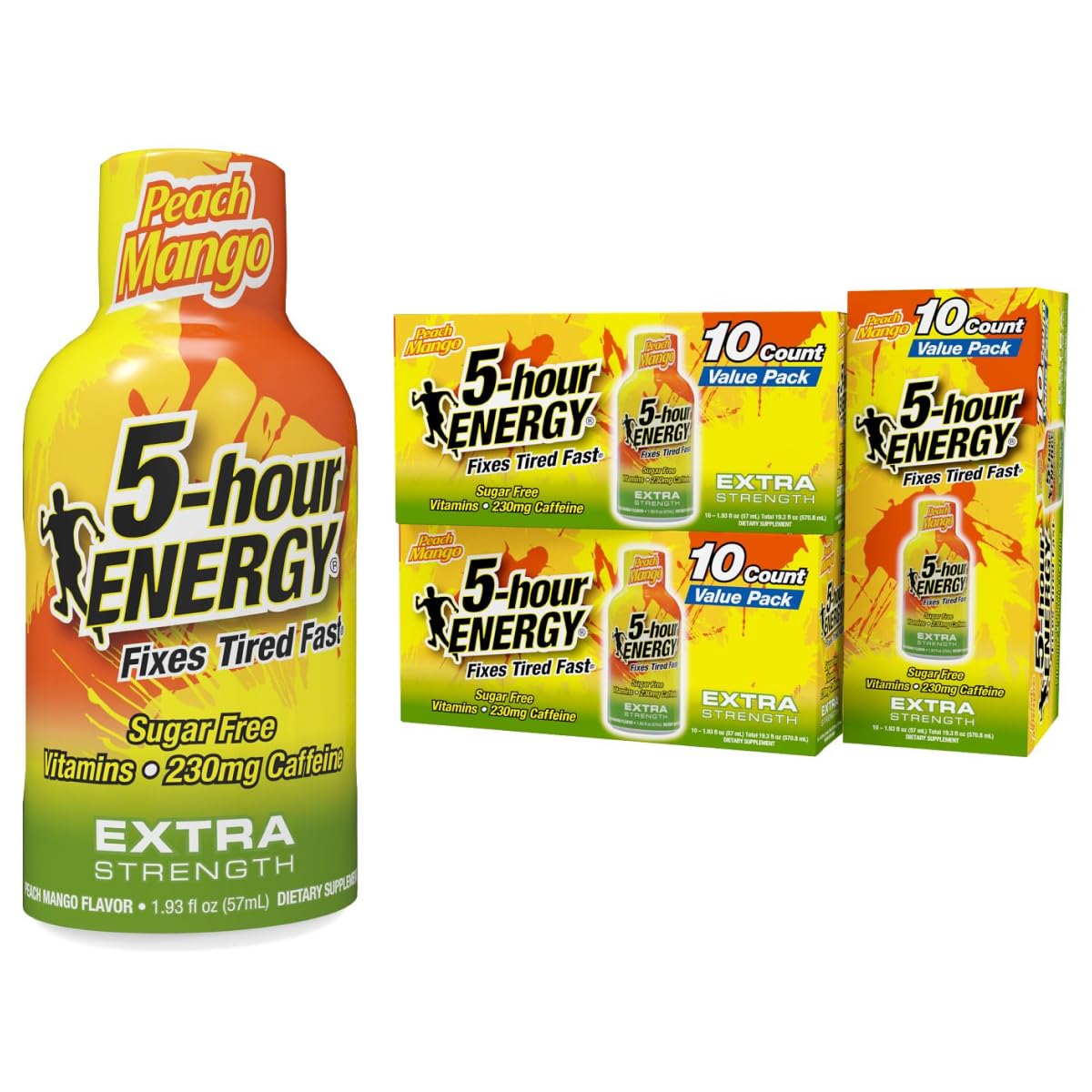 5-hour ENERGY Peach Mango shot pour showing quick focus on the go