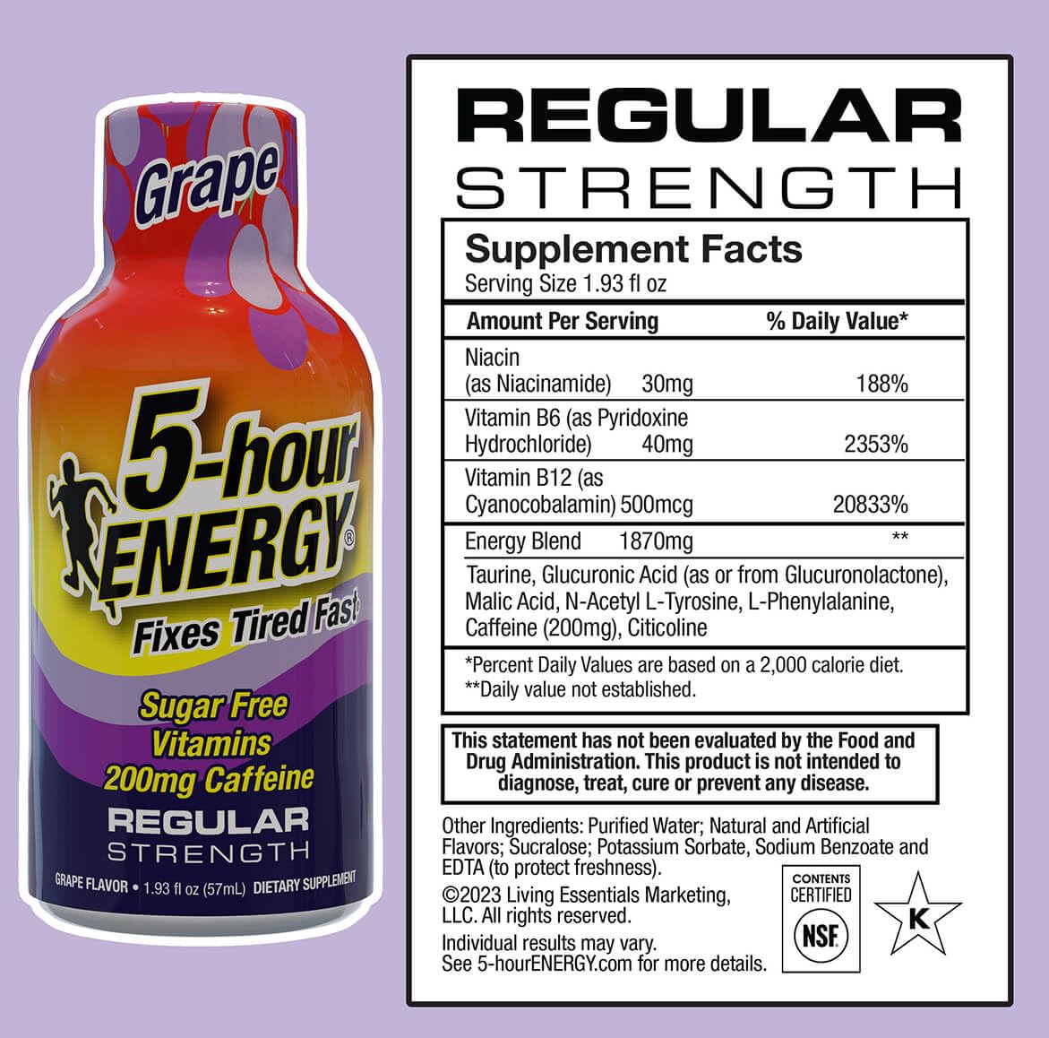 5-hour ENERGY regular-strength shot label, highlighting caffeine and vitamin blend for focus