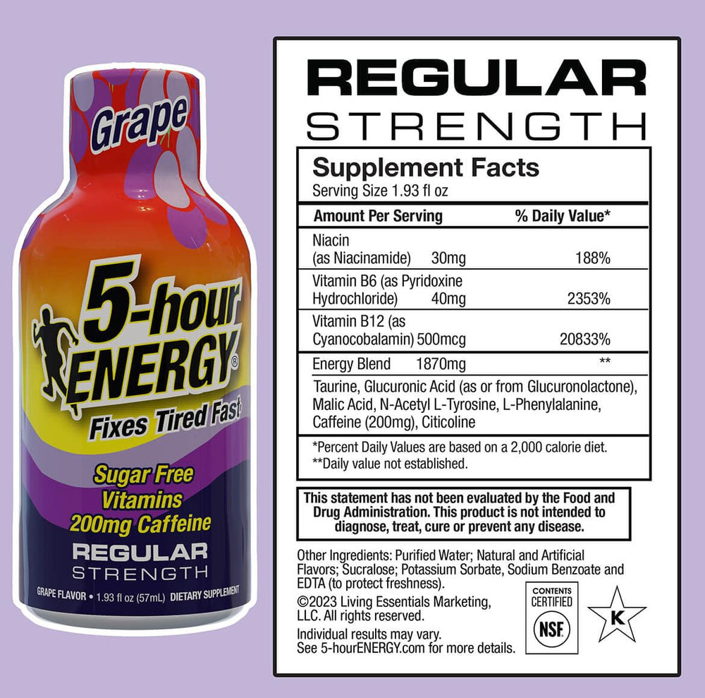 5-hour ENERGY regular-strength shot label, highlighting caffeine and vitamin blend for focus