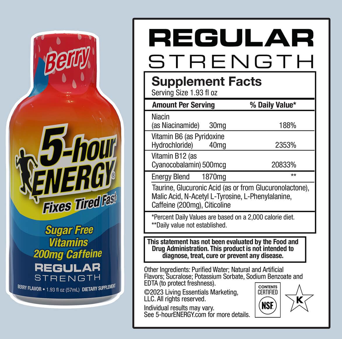 5-hour ENERGY Shots Berry bottle back highlights sugar-free formula and caffeine.
