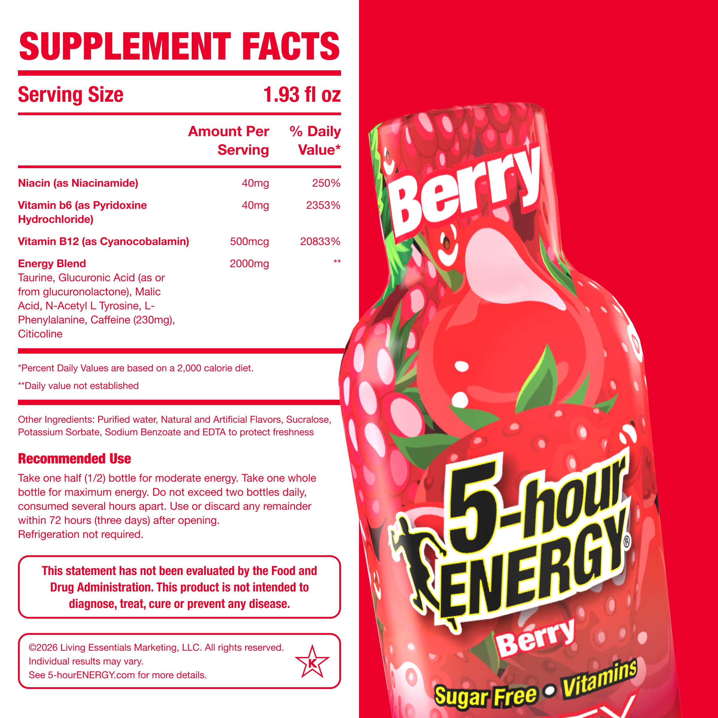 5-hour ENERGY Shots Extra Strength Berry bottle back view with ingredient notes.