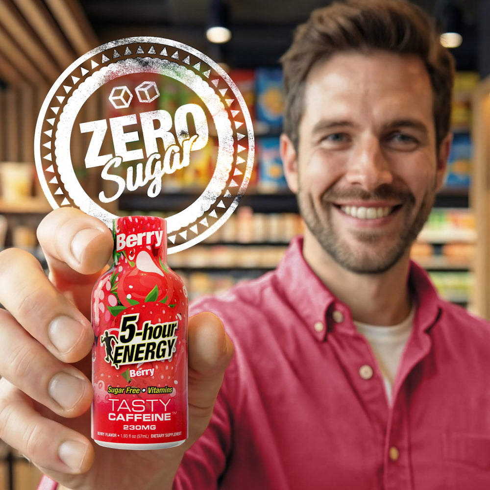 5-hour ENERGY Shots Extra Strength Berry on store shelf, ready to purchase.