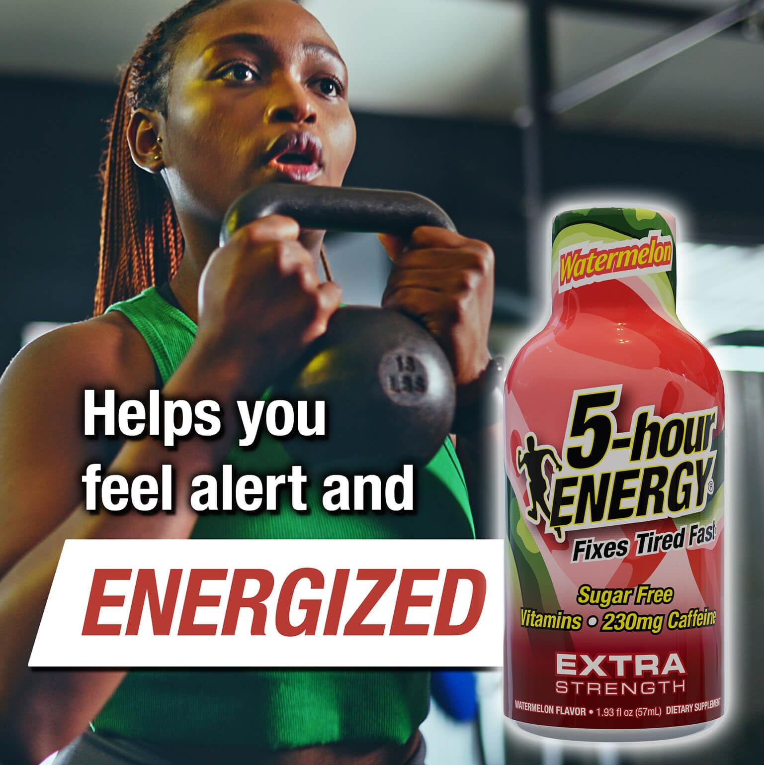 Close-up of 5-hour ENERGY Watermelon shot label highlighting zero calories.