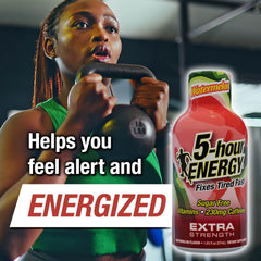 Close-up of 5-hour ENERGY Watermelon shot label highlighting zero calories.