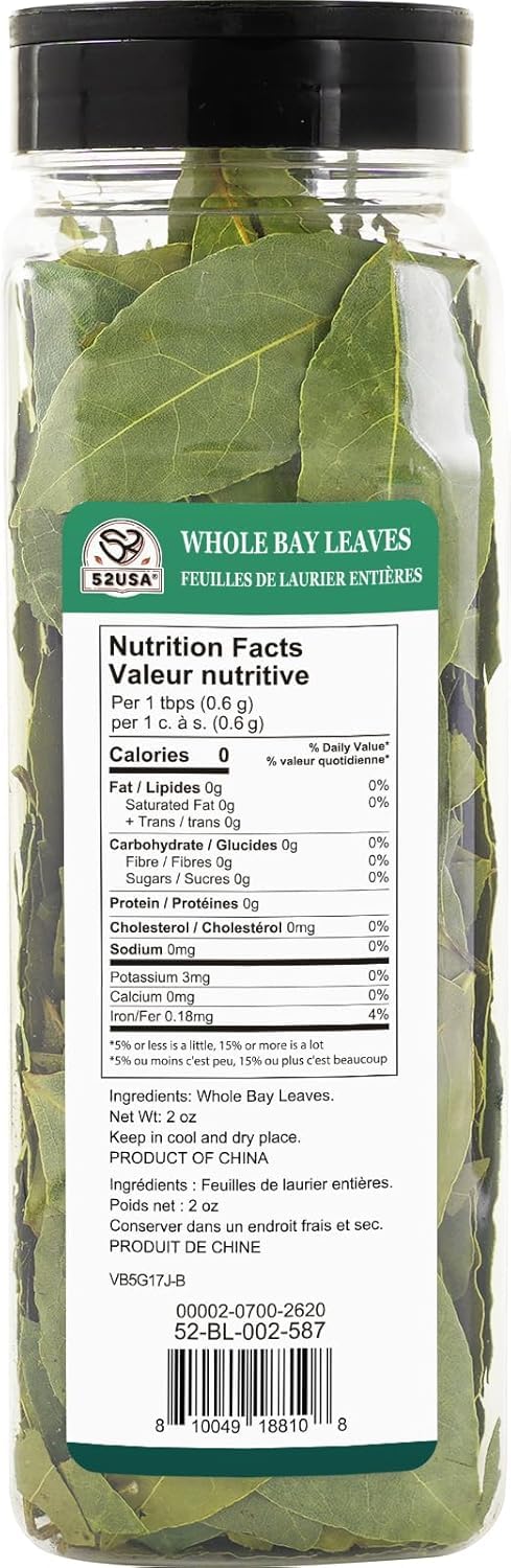 Close-up of 52USA Bay Leaves showing dried leaves with fragrant minty notes.
