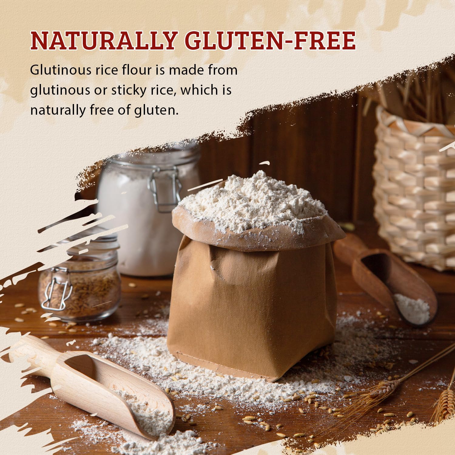 52USA glutinous rice flour on a countertop, all-natural Thai ingredient in use