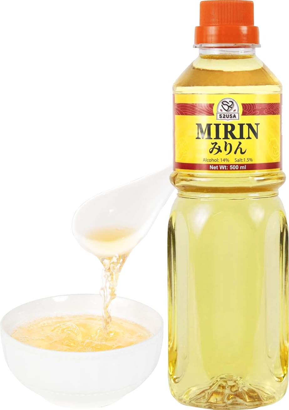 52USA Mirin bottle pour demonstrates glaze-ready flavor for authentic cuisine.