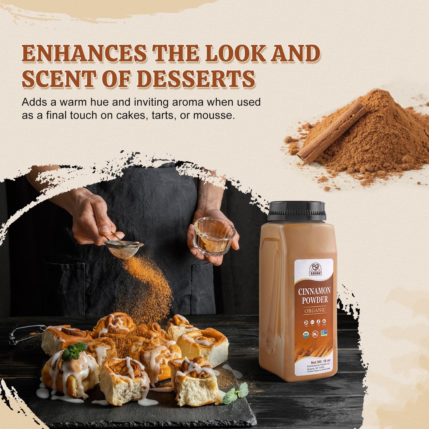 52USA Organic Cinnamon Powder label showcases organic, kosher, and gluten-free certifications.