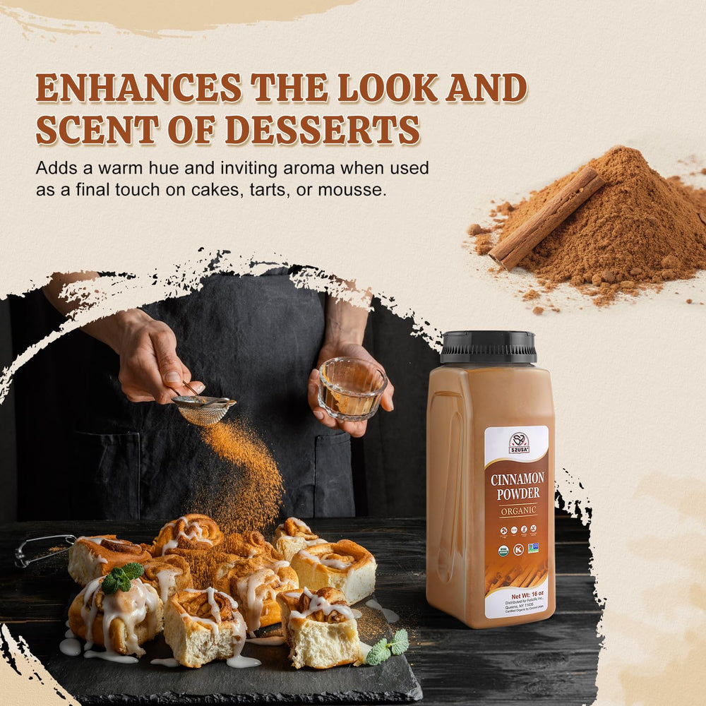 52USA Organic Cinnamon Powder label showcases organic, kosher, and gluten-free certifications.