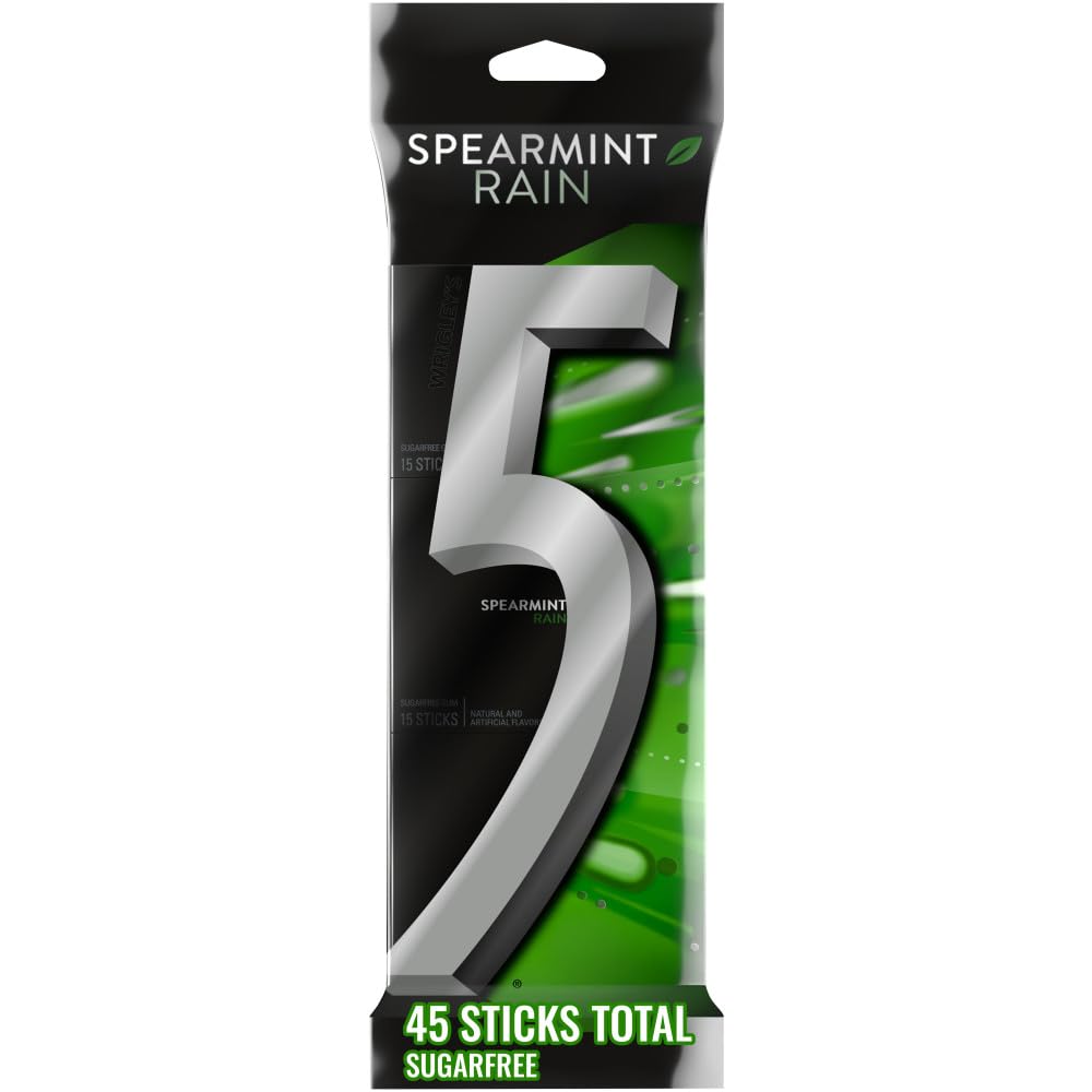 5 Gum Spearmint Rain bulk pack front view for a refreshing breath on the go.
