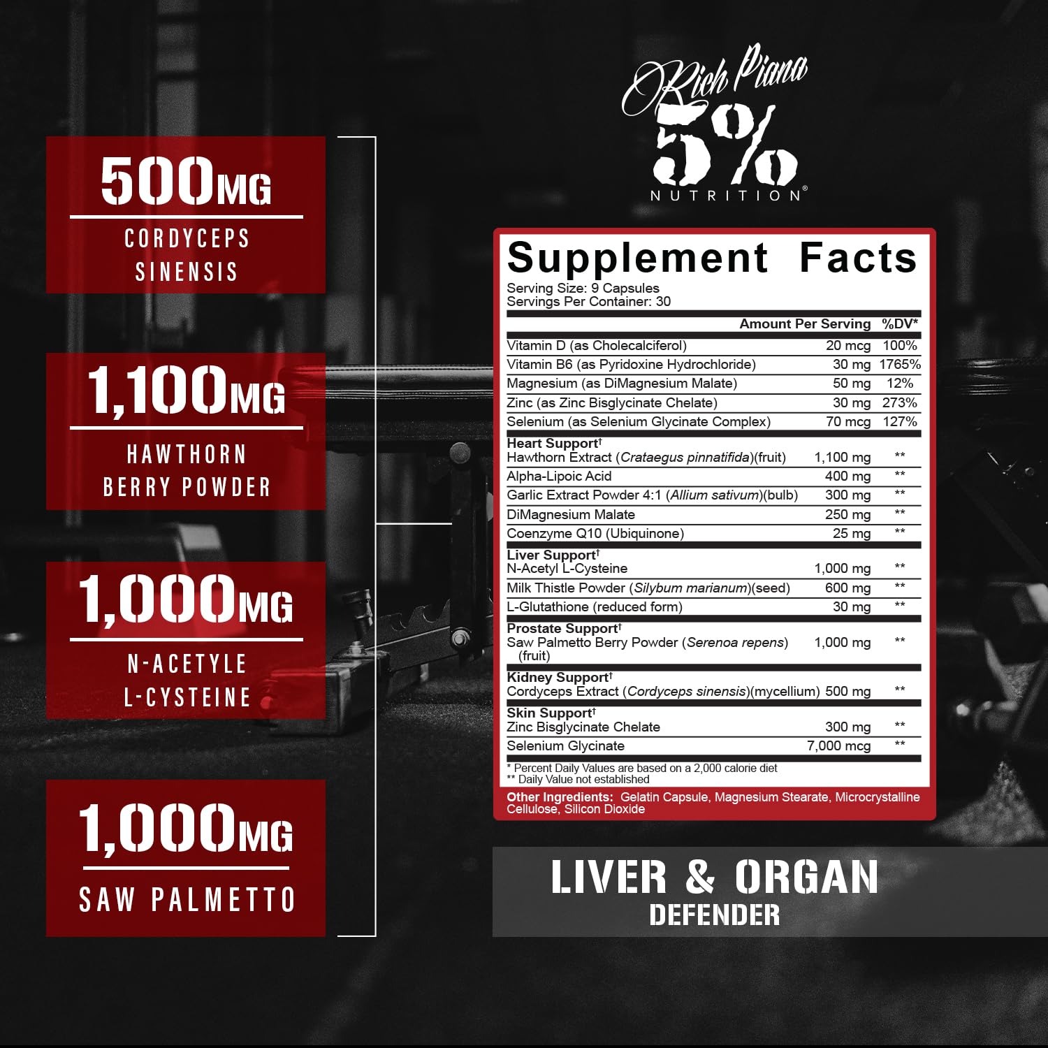 Rich Piana Liver & Organ Defender bottle cap close-up showing brand and safety seal.