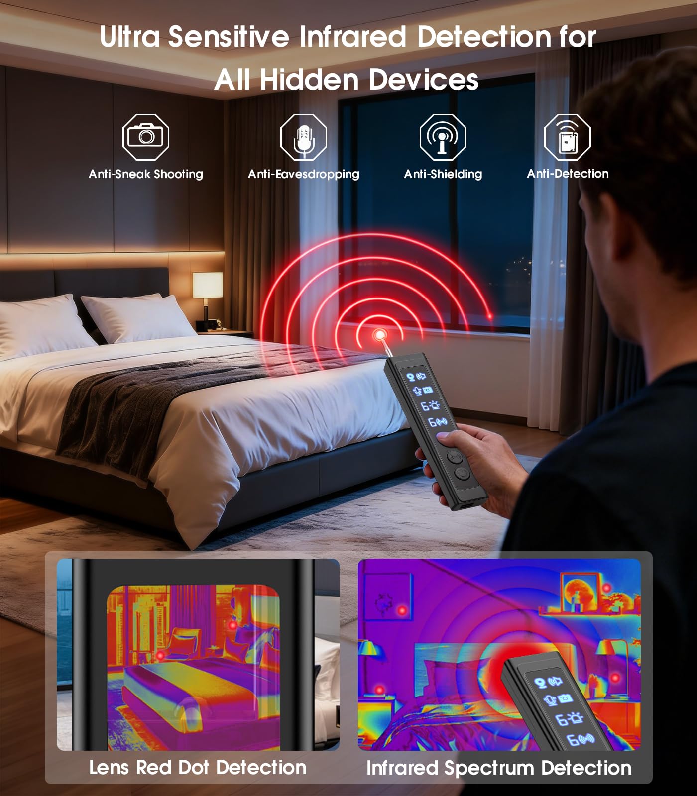 6monk AI Hidden Camera Detector detection display shows AI indicators for quick sweeps.
