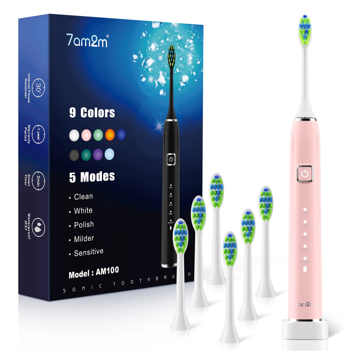 7AM2M sonic toothbrush front view with pink handle for daily brushing comfort