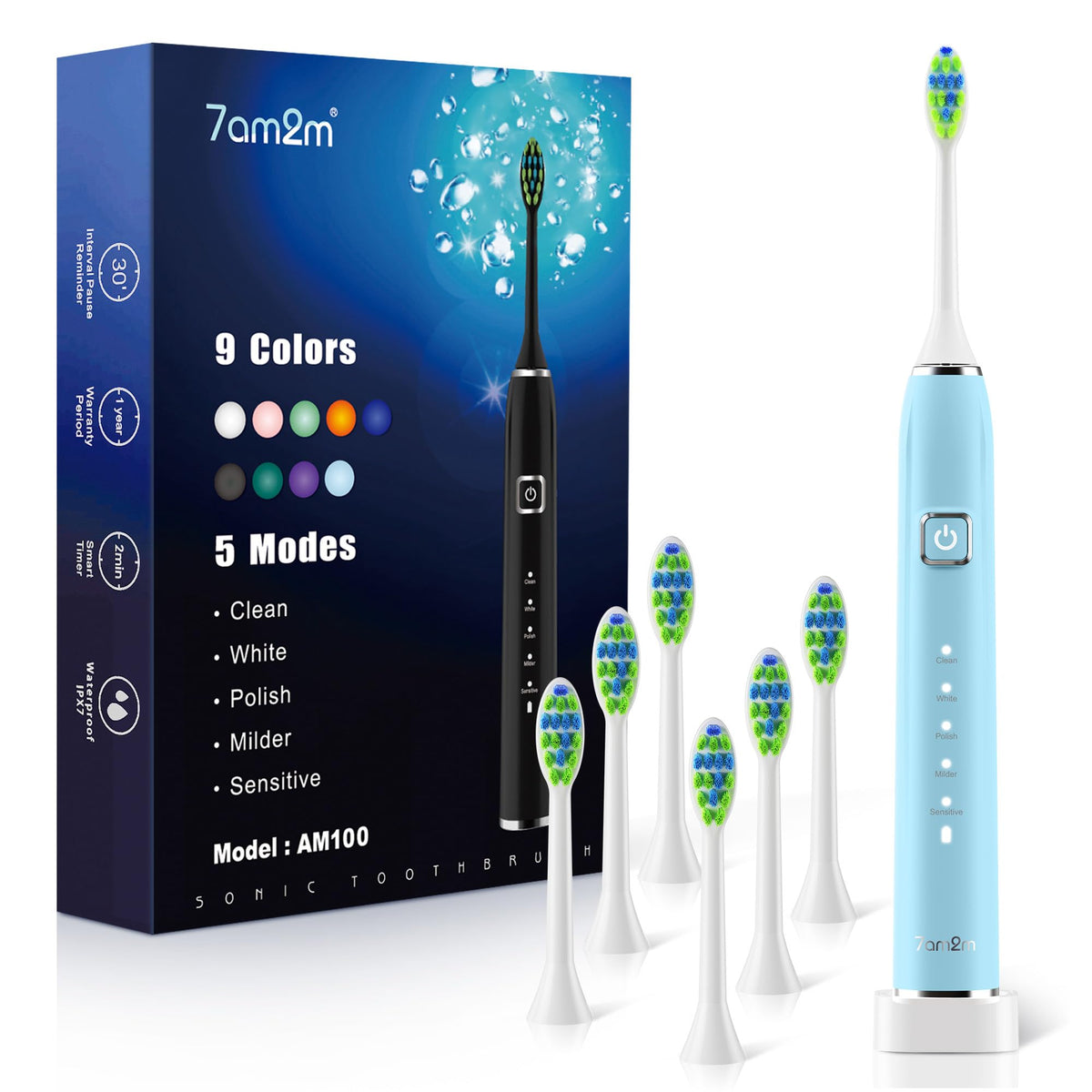 7AM2M sonic toothbrush front view in blue, compact design for easy daily brushing.
