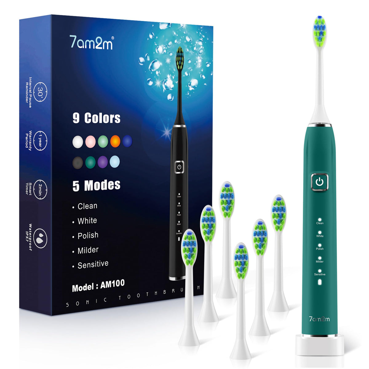 7AM2M Sonic Toothbrush Peacock Green front view showing powerful cleaning