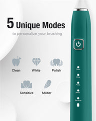 7AM2M Sonic Toothbrush Peacock Green W shaped head reaches hard to access areas