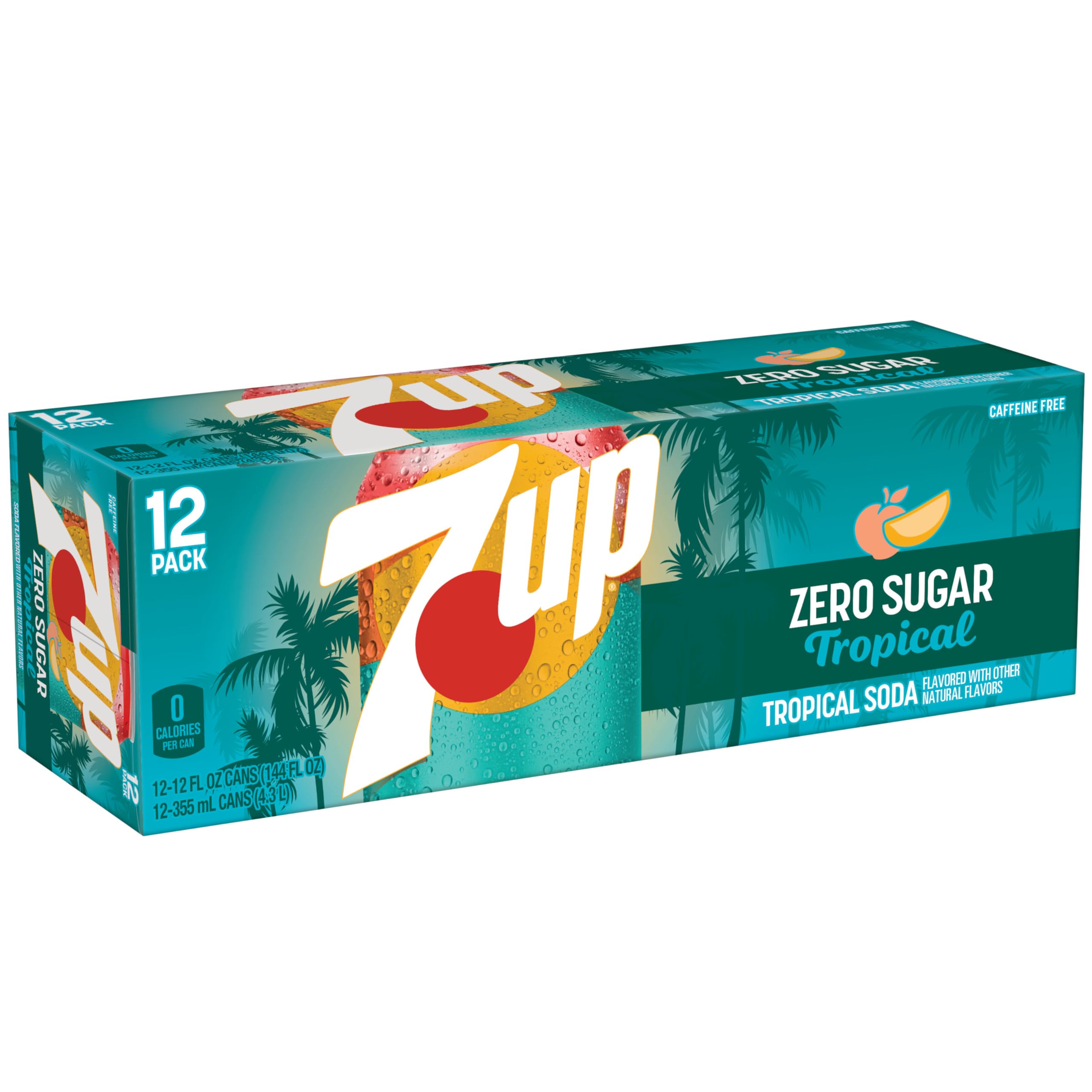 Bubbles rise in a 7UP Tropical Zero Sugar can.