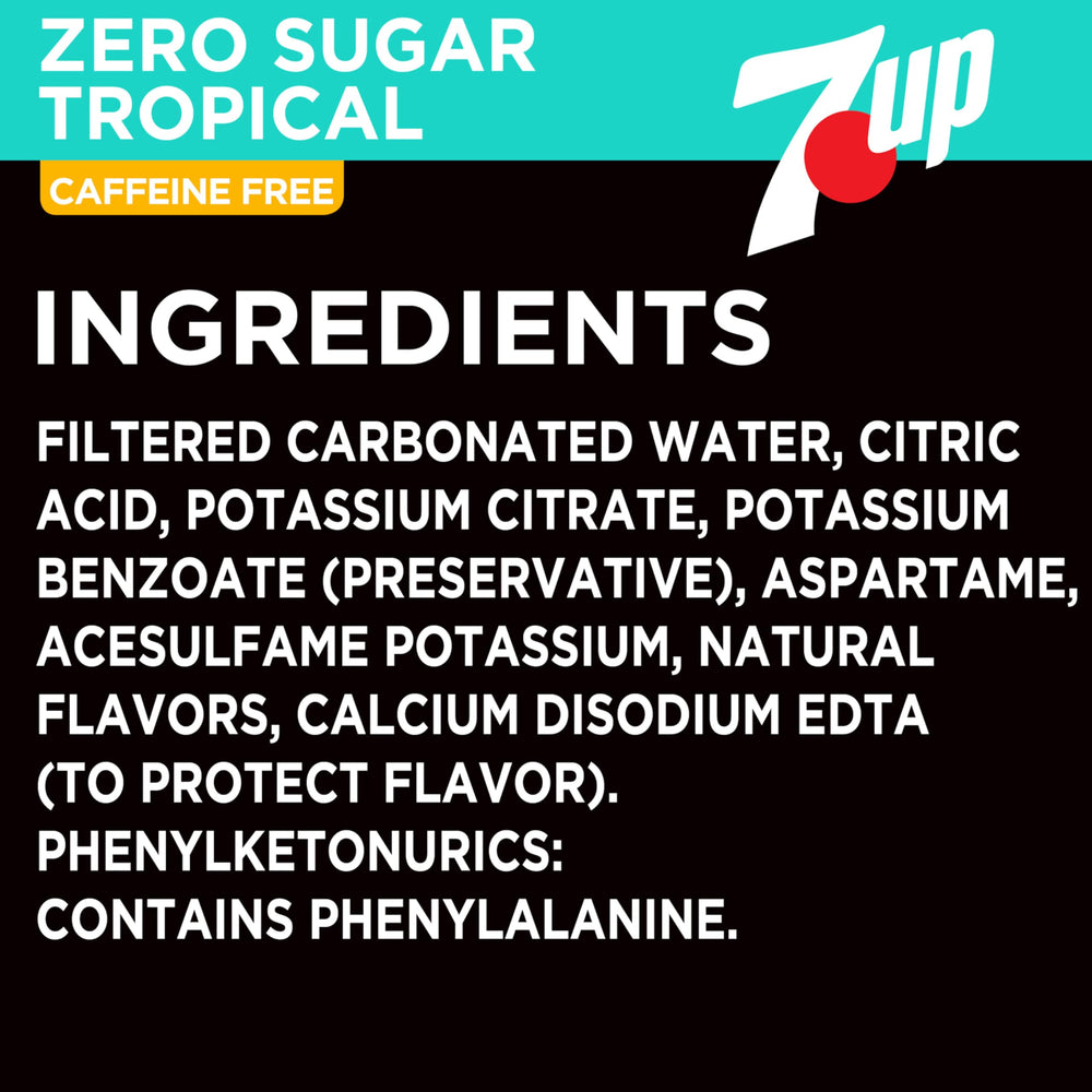 Closeup of 7UP Tropical Zero Sugar can highlighting mango-peach flavor.