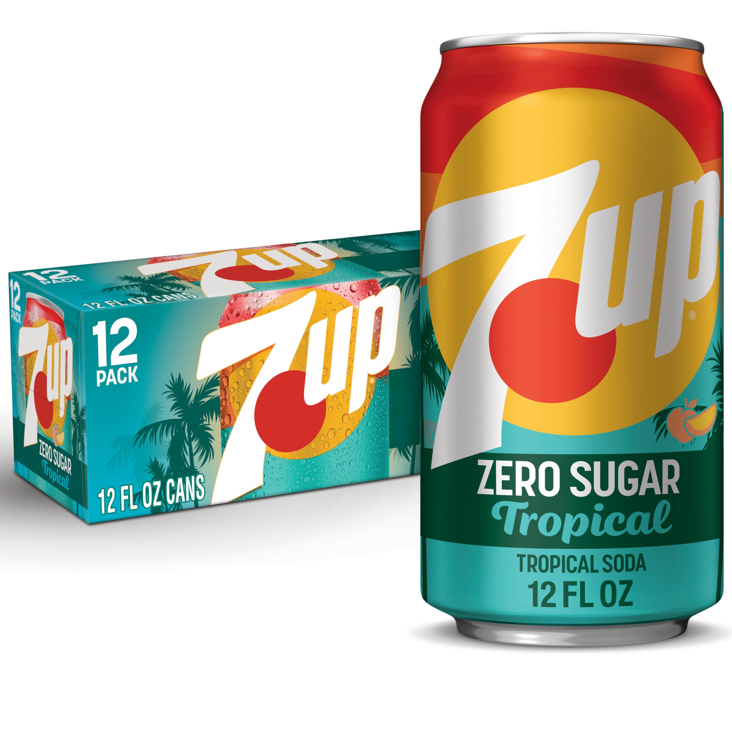 7UP Tropical Zero Sugar can with mango-peach flavor ready to refresh.