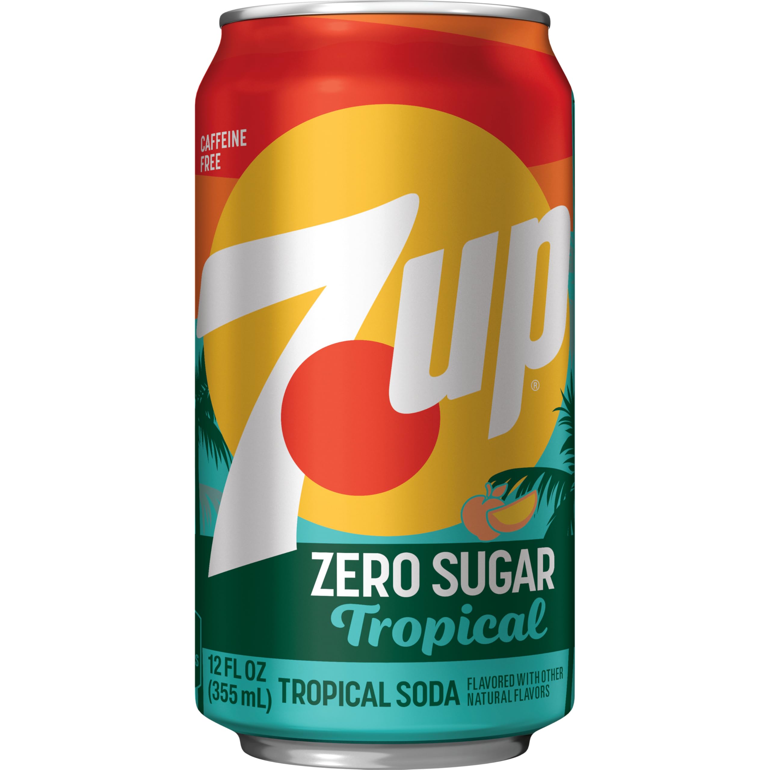 Chilled 7UP Tropical Zero Sugar glass on ice showing refreshing bubbles.