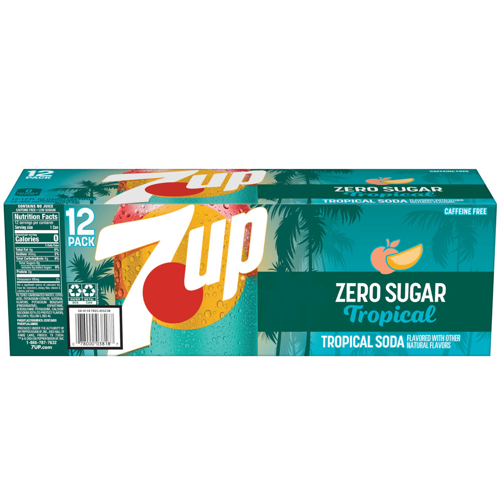 Detail of 7UP Tropical Zero Sugar label emphasizing natural flavors.