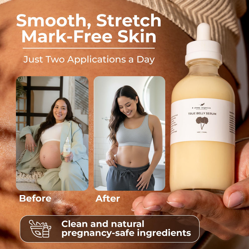 The True Belly Serum ingredients panel highlights Centella Asiatica and HA benefits.