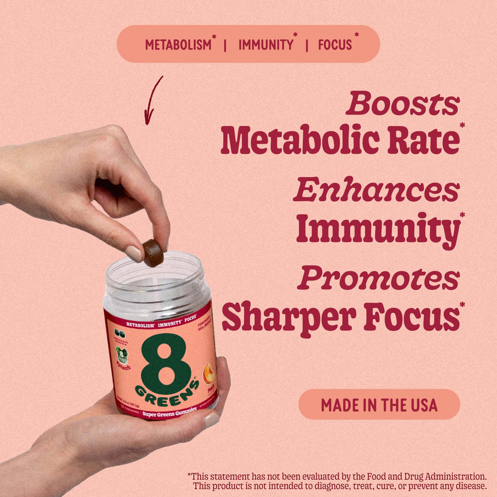 8Greens Peach Gummies bite-sized pieces on a saucer, tasty daily greens option.