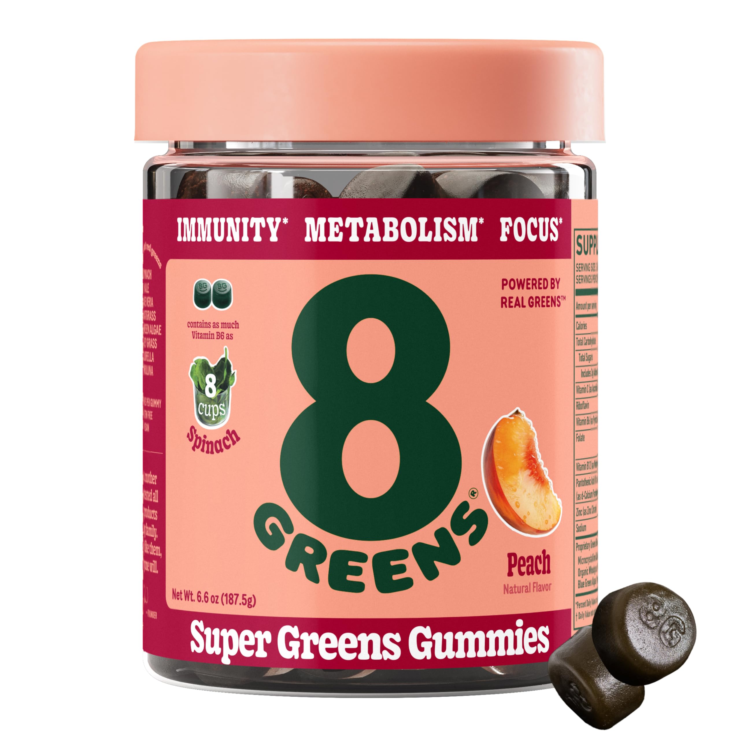 8Greens Peach Gummies bottle on kitchen counter, convenient daily greens on the go.