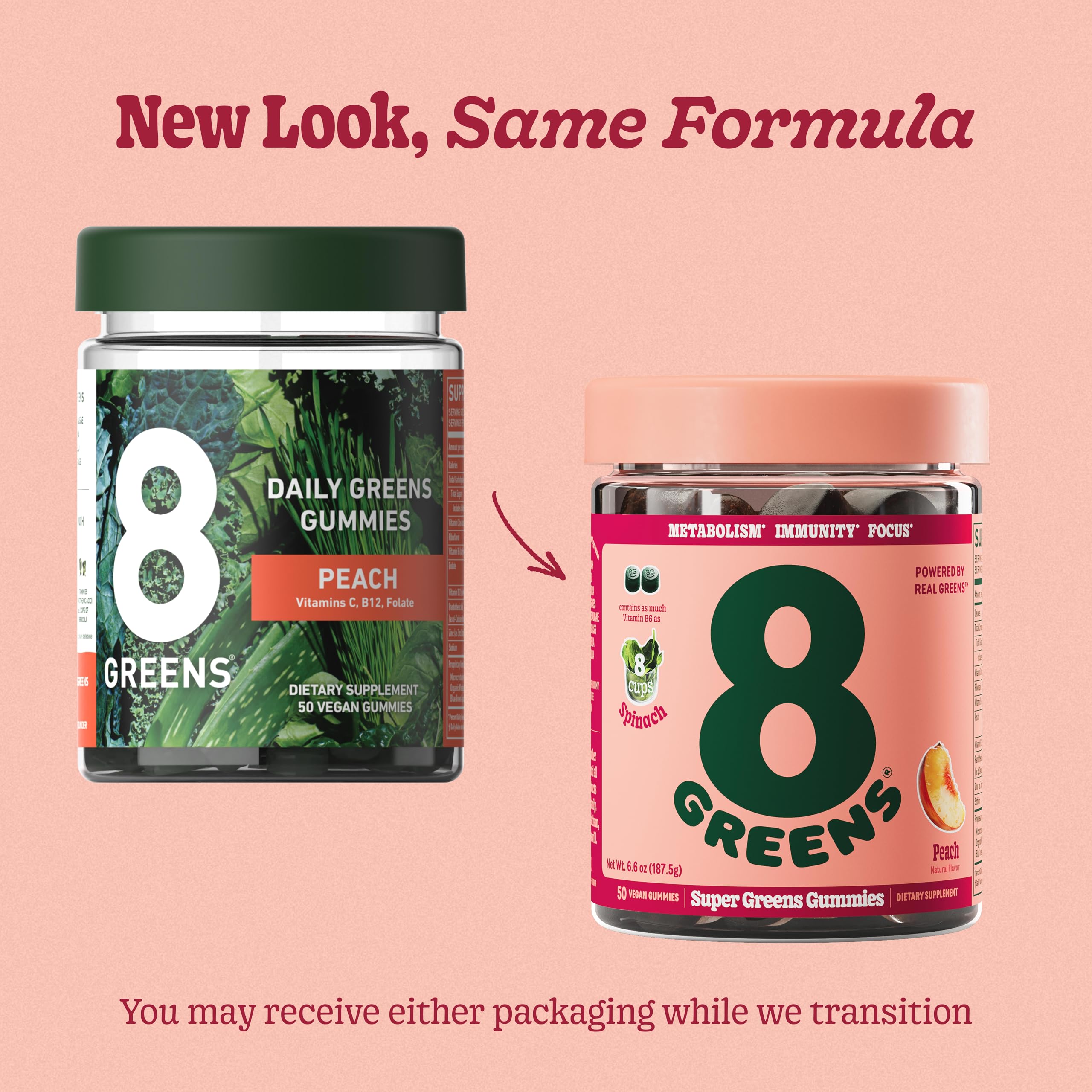8Greens Peach Gummies label close-up highlighting greens and peach flavor.