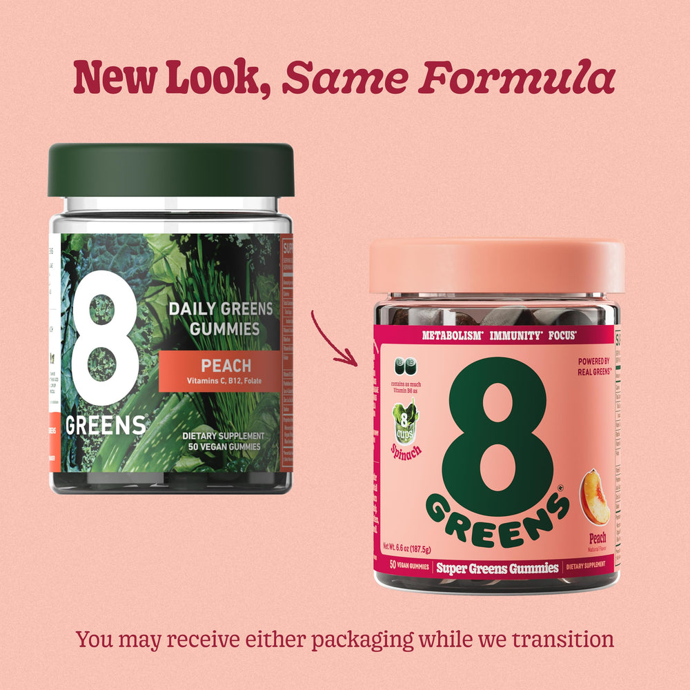 8Greens Peach Gummies label close-up highlighting greens and peach flavor.