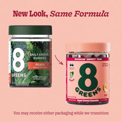 8Greens Peach Gummies label close-up highlighting greens and peach flavor.