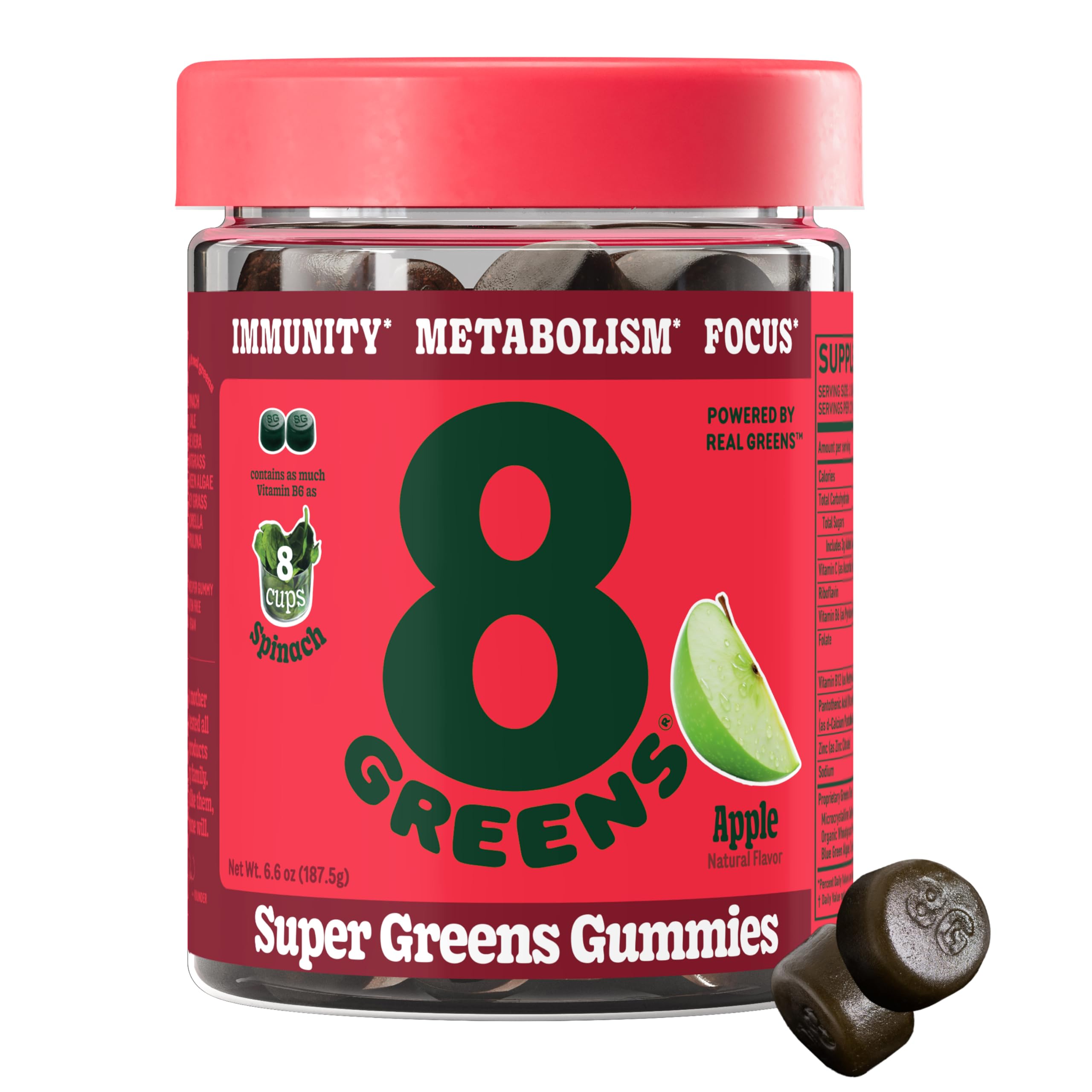 8Greens supergreens gummies close-up showing vibrant color for daily greens.