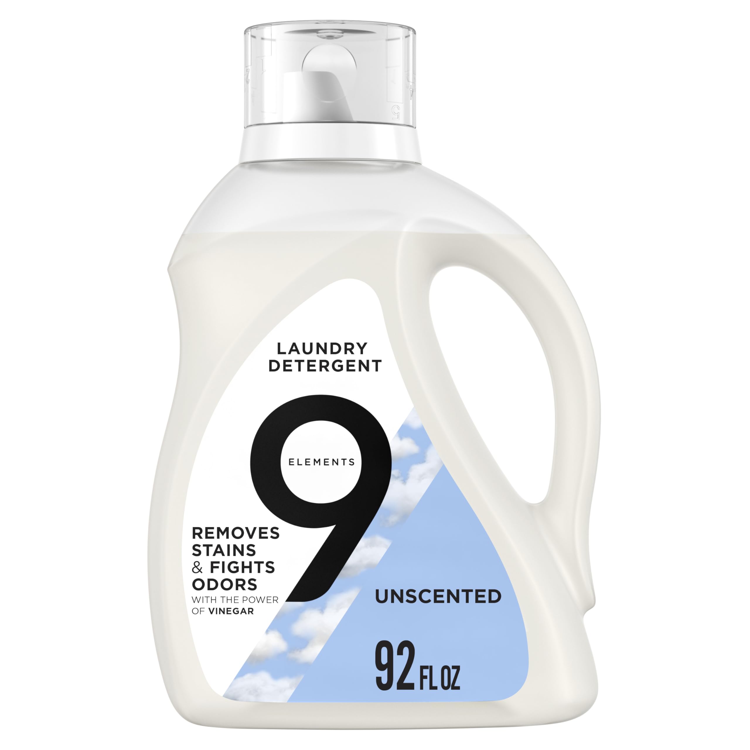 9 Elements Liquid Laundry Detergent unscented bottle pour showing vinegar-powered cleaning for fresh fabrics