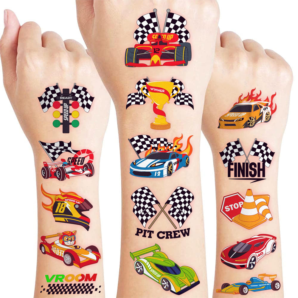91TATTOOS racing car tattoos sheet with vibrant designs for kids' party fun and easy application.