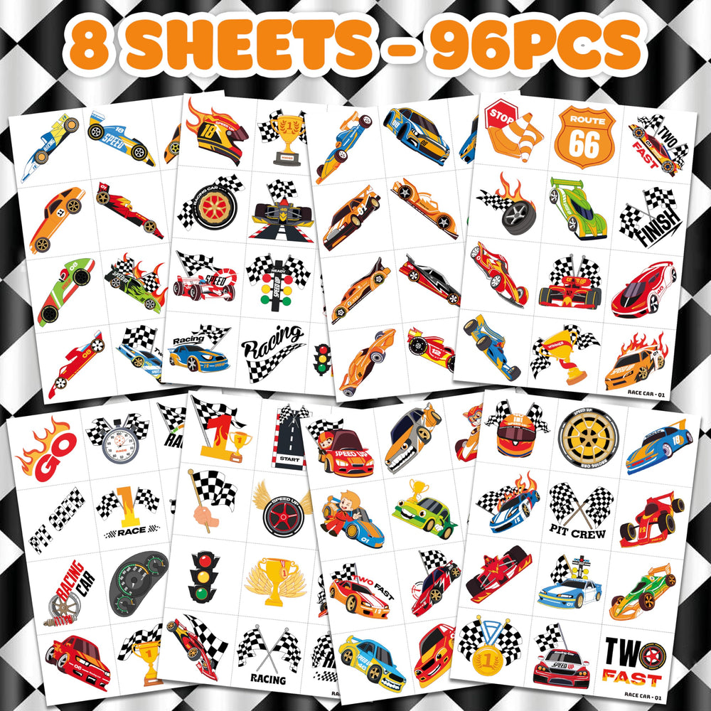 91TATTOOS racing car tattoos sheet offers colorful designs for faces or arms.