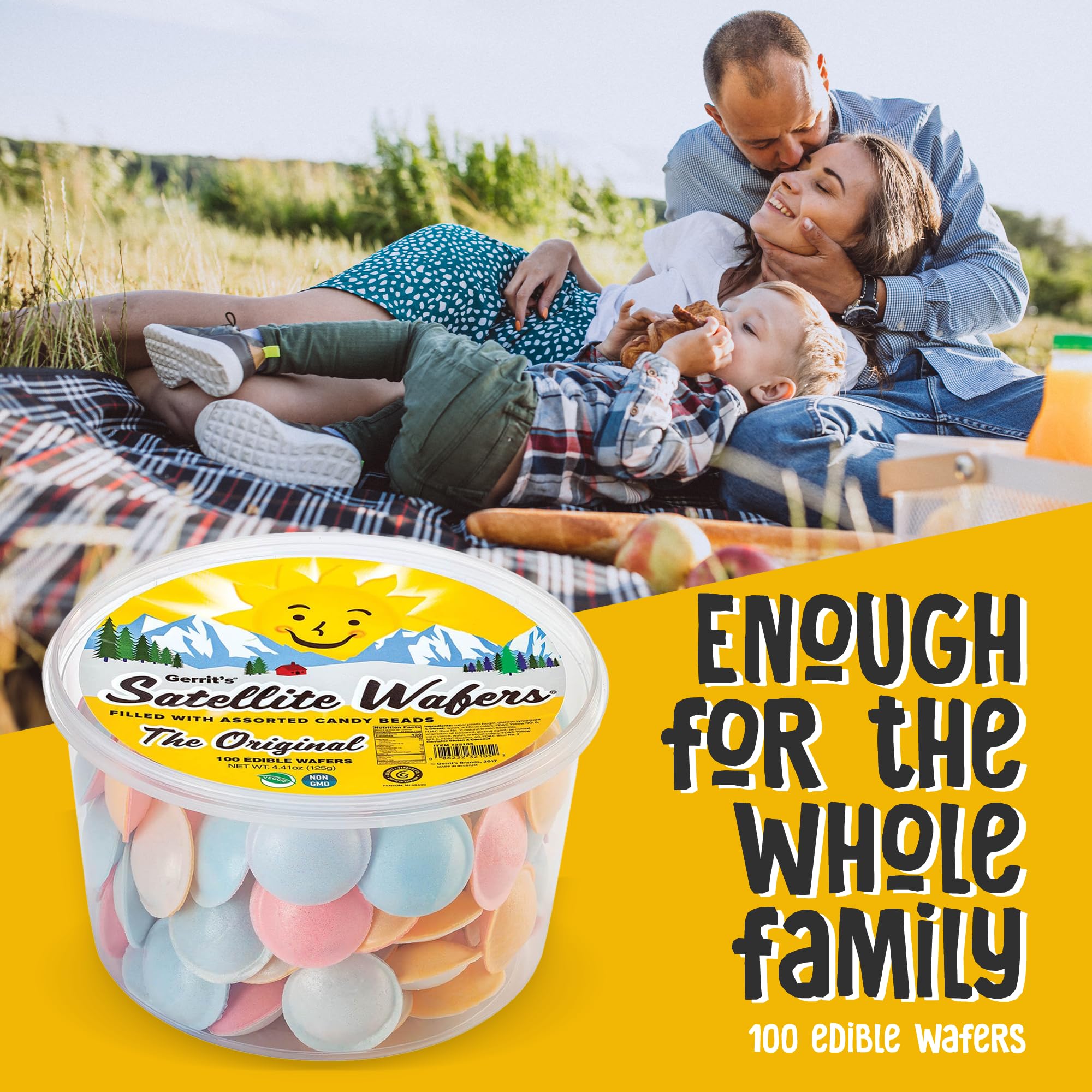 Gerrit's Satellite Wafers 100-count tub emphasizes bulk value for gatherings.