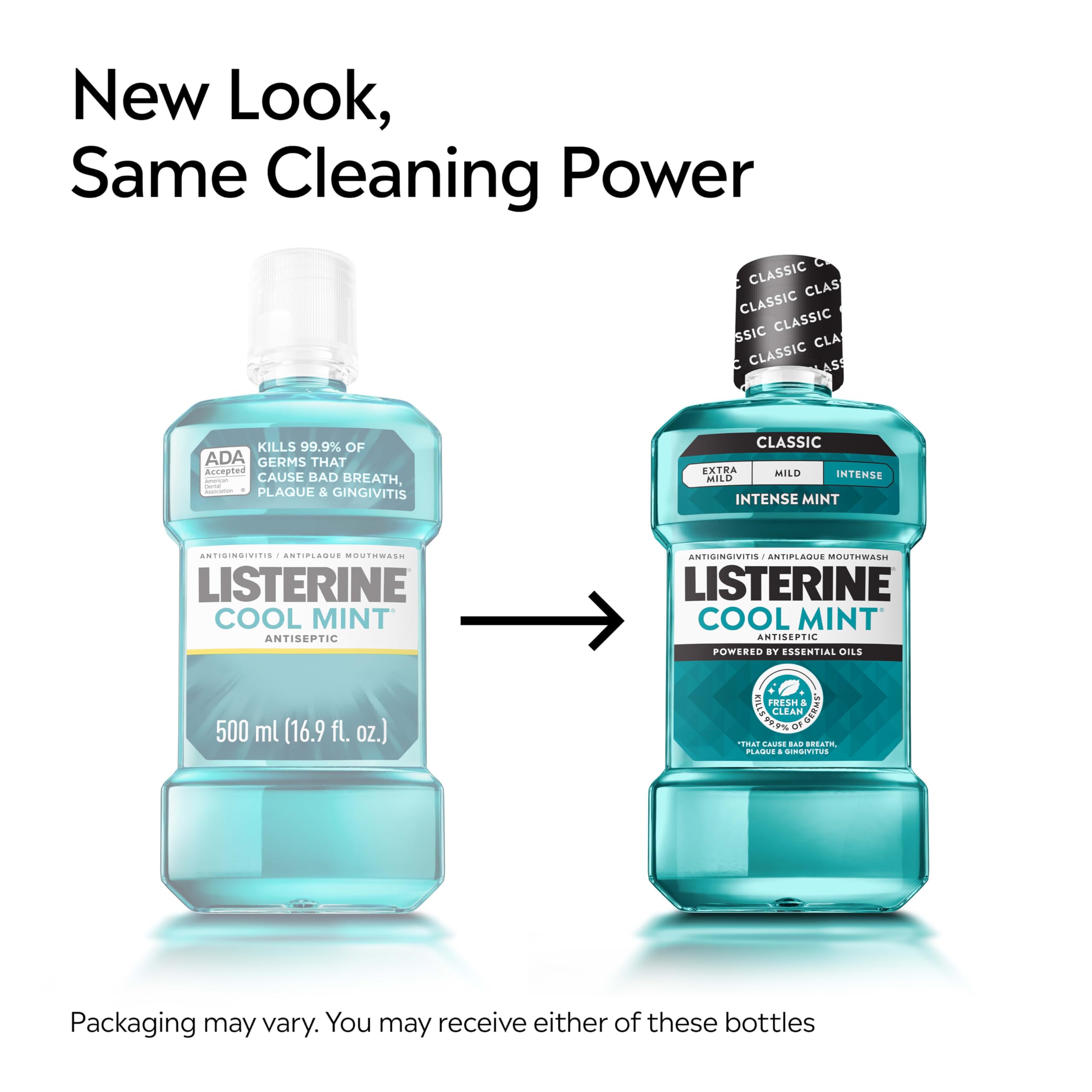 Listerine Cool Mint Intense being poured to start a quick morning rinse.