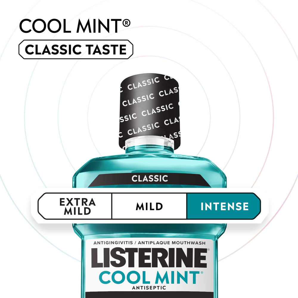 Listerine Cool Mint Intense label highlights the essential oils blend.