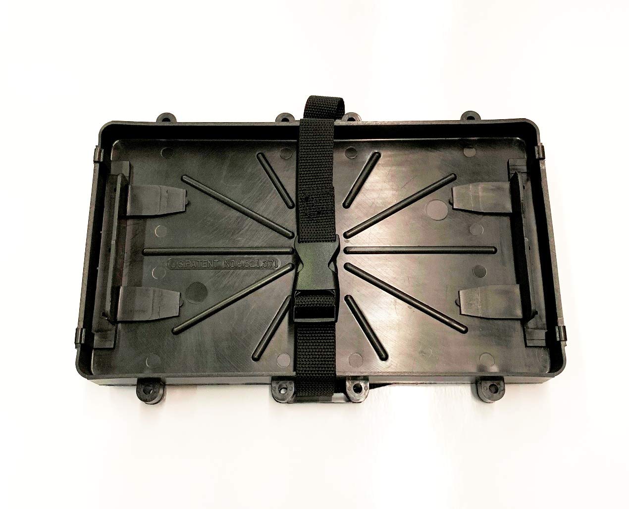 A.A battery tray side view showing eight mounting points for stable installation
