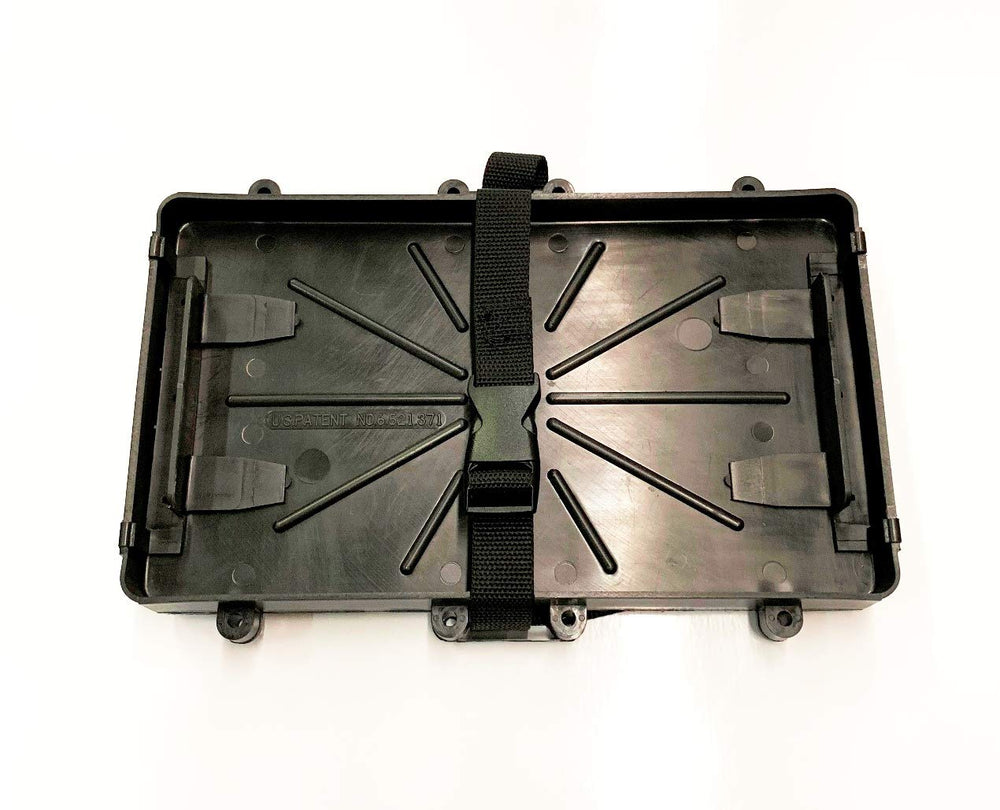 A.A battery tray side view showing eight mounting points for stable installation