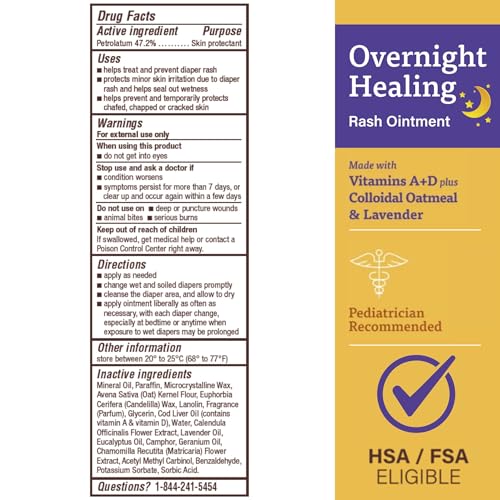A+D Overnight Healing Diaper Rash Ointment jar shows lavender and oatmeal ingredients for soothing care