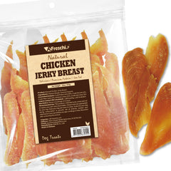 A Freschi srl chicken jerky dog treat packaging shown in a resealable bag.
