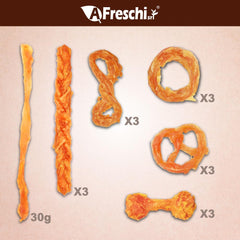 A Freschi srl rawhide-free dog chews display for a clean, grain-free option.