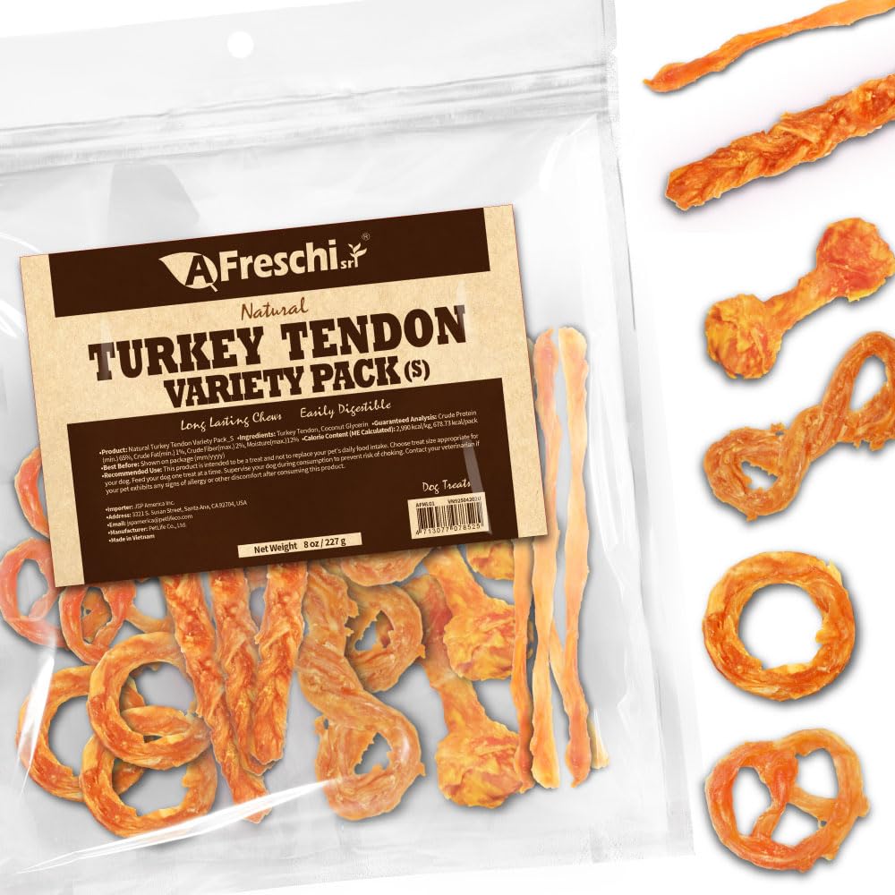 A Freschi srl turkey tendons usa-sourced chew, protein-rich treat for dogs.