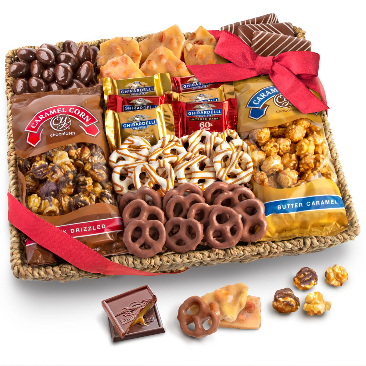 A Gift Inside basket top view showing assorted chocolates and caramel corn for gifting