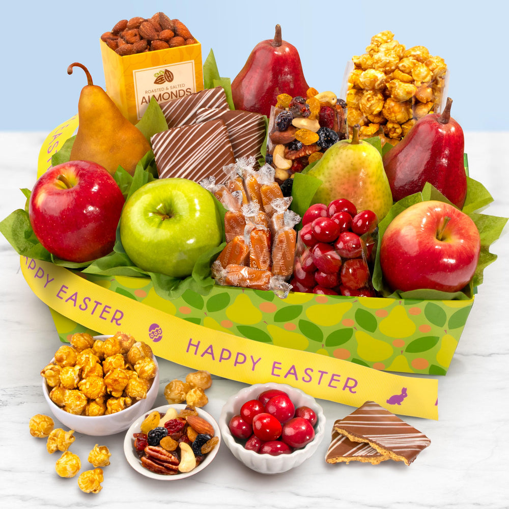 A Gift Inside Easter Orchard Delight chocolate treats photo highlighting cherries, caramels, and crackers for indulgent gifting